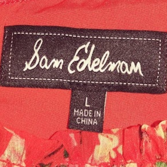 Sam Edelman Orange Coral Floral Sleeveless Smocked Handkerchief Hem dress Sz L - Picture 14 of 15